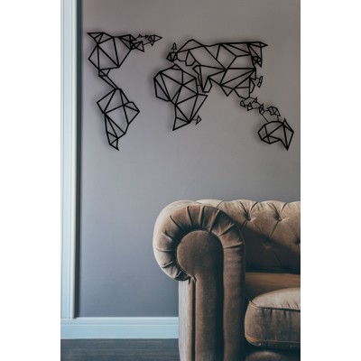 Geometric World Map Desenli Özel Kesimli Dekoratif Metal Tablo