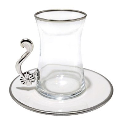 EHLİ KEYF ÇAY TAKIMI SERAMİK TABAK GÜMÜŞ İŞLEMELİ METAL KULPLU 12 PARÇA