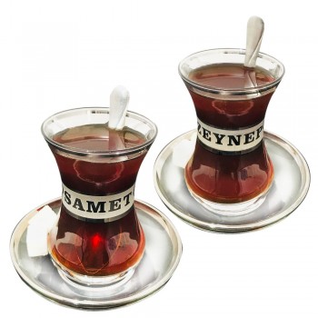 SİZE ÖZEL İSİM BASKILI GÜMÜŞ KUMLAMA ÇAY BARDAĞI SETİ