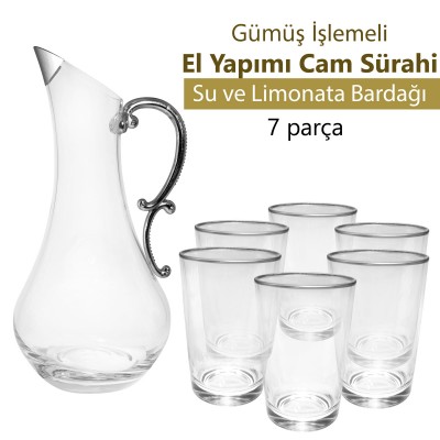 ÖZEL ÜRETİM SÜRAHİLİ GÜMÜŞ İŞLEMELİ SU VE LİMONATA TAKIMI 7 PARÇA 