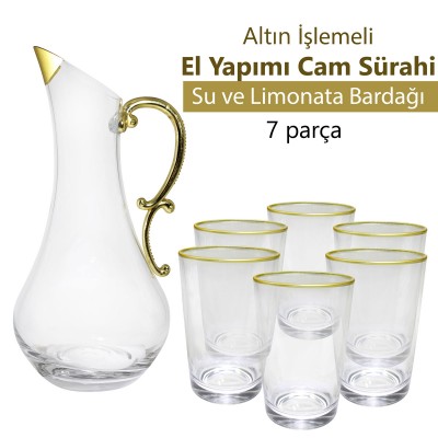 ÖZEL ÜRETİM SÜRAHİLİ ALTIN İŞLEMELİ SU VE LİMONATA TAKIMI 7 PARÇA 